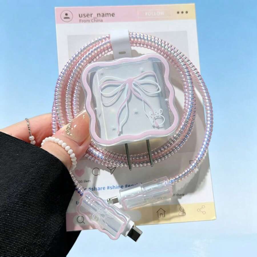 與閨蜜同款粉色白色蝴蝶結數據線保護套,適用於 Apple 18W / 20W 充電器保護套 - 20w粉白絲帶蝴蝶結 - 查看 1