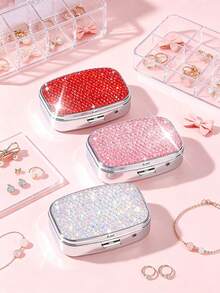 Sparkly Rhinestone Mini Jewelry Box With Mirror,2 Compartment Mini Portable Pill Box,Portable Travel Jewellery Storage Case,Ring Earring Storage Box For Women,Fits In Wallet Or Pocket,Suitable For Travel,School,Gifting,Holiday Gifts, Birthday Gifts - Multicolor - View 8