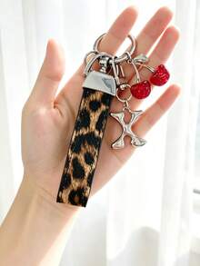 26 Alphabet Car Keychains, Silver Letter Zinc Alloy Accessories, Leopard Print Cherry Pendant, PU Rope Car Lock Key Fob, Car Remote Control Hanging Decoration, Bag Decoration Pendant, Car Key Ring, Key Chain Key Accessories. Holiday Gift, - Letter - View 15