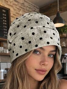 1pc Vintage Small Polka Dot Pleated Beanie Hat, Fashionable Slouchy Cap, Elastic Comfortable Sleep Bonnet, Hair Covering Headscarf, Suitable For Daily Wear - A - View 1