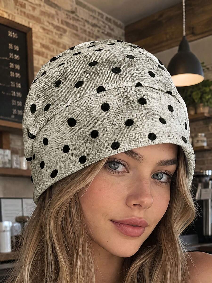 1pc Vintage Small Polka Dot Pleated Beanie Hat, Fashionable Slouchy Cap, Elastic Comfortable Sleep Bonnet, Hair Covering Headscarf, Suitable For Daily Wear - A - View 1