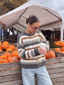 Women's Colorblock Striped Cardigan, Round Neck Button Sweater Top, Suitable For Halloween, Thanksgiving And Christmas Outfits - Grey - View 2