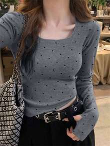 甜美可愛大圓領杏色波點女款毛衣，秋冬款 - 深灰色 - 查看 2