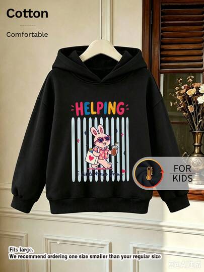 Kids Hooded Sweatshirt, Helping Little Minds Grow Cute Bunny With Sunglasses Graphic Print Fleece Lined Thick Cotton Pullover For Kids
