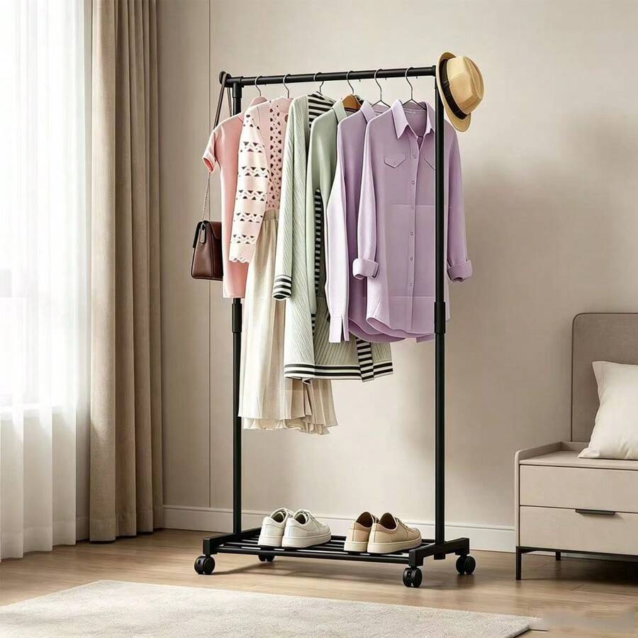 1pc Simple Home Single/Double Rod Clothes Rack Multifunctional Floor Standing Coat Rack With Wheels For Hanging And Displaying Clothing, Portable Storage Rack, Room Decor, Home Decor, Autumn Decor, Bedroom Decor - Multicolor - View 1