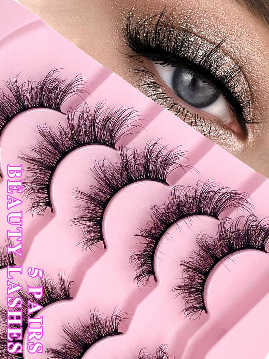 ENCHUW 5 Pairs Cross Fluffy Lashes Volume Fake Eyelash Strips Natural Look False Eyelashes - Black - View 1