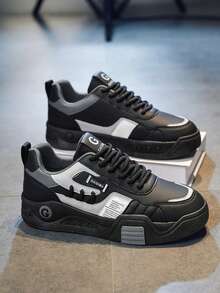 GAISIMA Men's Colorblock Patchwork Skateboard Shoes, Retro Street Style Lace-Up Thick Sole Casual Sneakers, Suitable For Daily Outdoor Wear, All-Season Unisex Design - Black - View 2
