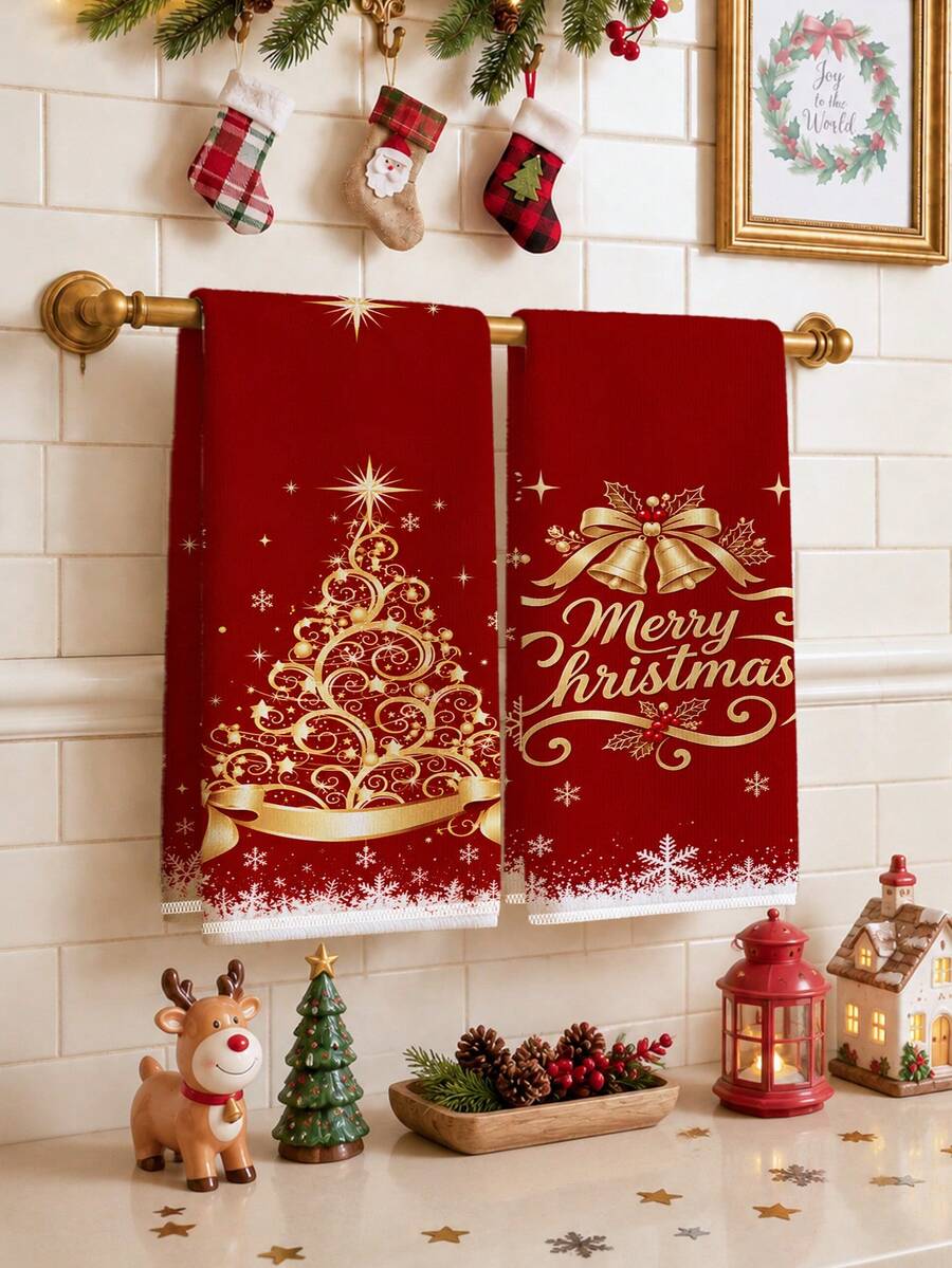 2pcs Christmas Minimalist Red & Gold Christmas Tree Pattern Kitchen Towels, Soft Polyester Dish Cloths, Suitable For Kitchen Decor, Kitchen Cleaning, Holiday Party Decoration, Kitchen & Bathroom Supplies, Home Essentials, Home Decor, Housewarming Gift - Multicolor - View 1