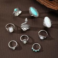 9pcs Women's European & American Carved Feather Turquoise Ring Set, Daily Wear - Antique Silver - View 3