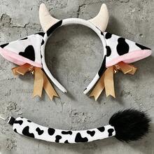 2/4pcs Cow Costume Accessory Set - Polyester Cow Ear Headband, Tail, Bell Collar And Cow Print Knee-High Socks - Washable - Suitable For Animal Theme Party, Cosplay - Multicolor - View 6