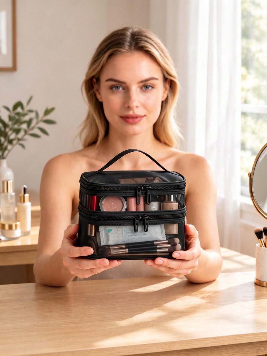 Double‑Layer Mesh Makeup Bag Portable Travel Cosmetic Organizer Large Capacity Toiletry Storage Pouch For Cosmetics Makeup Brushes - Multicolor - View 1