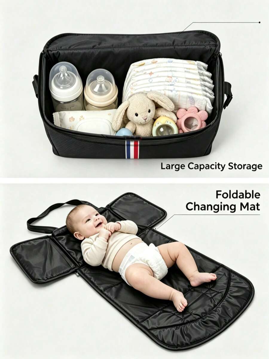 1pc Multi-Functional Large Capacity Baby Stroller Hanging Storage Basket, Mom Storage Bag, Portable And Durable, Suitable For Crib, Bed And Travel - Black - View 1