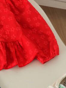 2pcs Girls Pastoral Mori Style Big Bow Decor Ruffle Hem Jacquard Top & Floral Embroidery Straight Leg Denim Jeans Versatile Casual Outfit Spring Autumn - Red - View 8