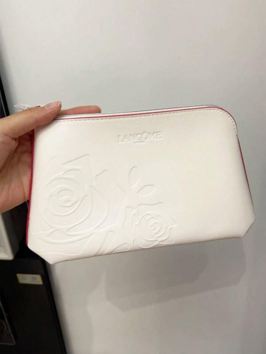 Portable Embossed Rose Faux‑Leather Cosmetic Pouch Zipper Closure Travel Toiletry Storage Bag Gift Option For Women Lancôme White Rose Cosmetic Pouch - White - View 1