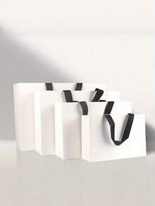 1/5pcs White Minimalist Paper Gift Bags With Black Satin Ribbon Handles, Suitable For Clothing Store Gift Packaging, Wedding Party, Birthday Gift, Holiday Gift Storage, Cosmetics, Multi-Purpose Shopping Packaging Bags - Multicolor - View 10