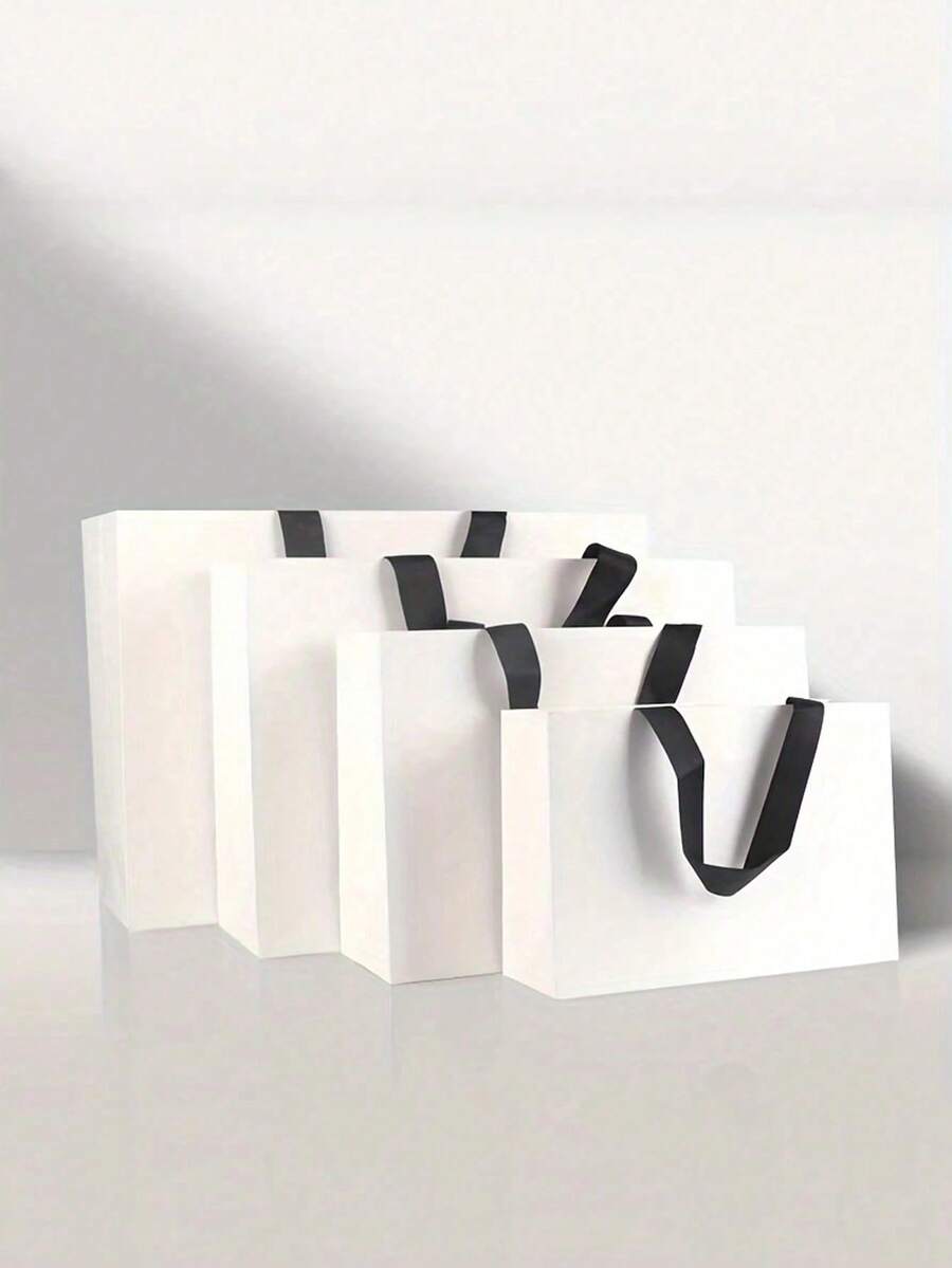 1/5pcs White Minimalist Paper Gift Bags With Black Satin Ribbon Handles, Suitable For Clothing Store Gift Packaging, Wedding Party, Birthday Gift, Holiday Gift Storage, Cosmetics, Multi-Purpose Shopping Packaging Bags - Multicolor - View 1