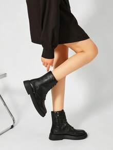 Women's Faux Soft Leather Lace-Up Ankle Boots Round Toe Platform Thick Sole Side Zipper Non-Slip Outsole Black Workwear Fashion Boots - Black - View 4