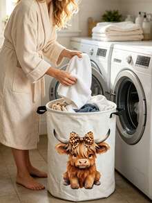 Multifunctional Large Laundry Basket/Dirty Clothes Basket, Laundry Storage Bag, High-End Cow Design Foldable Round Laundry Basket, Portable Laundry Bag, Suitable For Bathroom/Bedroom/Dorm, Housewarming Gift - Multicolor - View 7