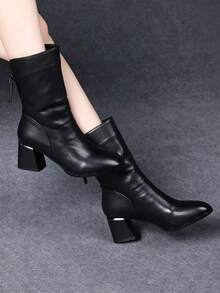 Women's Chunky Heel Mid-Calf Fashion Boots, Soft Leather Ruched Stacked Boots, Back Zipper, Autumn/Winter Commuter Ankle Boots - Black - View 3