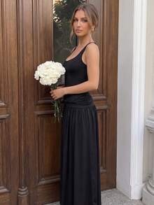 Solid Color Elegant Party Knit Fabric Backless Asymmetric Dress, Suitable For Vacation, Date, Bachelorette Party, Back To School Party, Summer - Black - View 3