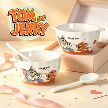 TOM AND JERRY. وعاء سيراميك بمقبض مزدوج بتصميم شخصية كرتونية، وعاء لطيف للشوفان والزبادي والفطور والسلطة - متعدد الألوان - مشاهدة 10
