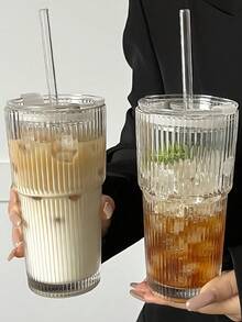 Transparent Glass Cup Striped Coffee Cup With Straw And Lid Simple Style Coffee Cups Large Capacity Glass Water Bottle Portable Outdoor Water Cup For Home Office Parties Autumn Winter Drinkware Home Decor - Multicolor - View 2