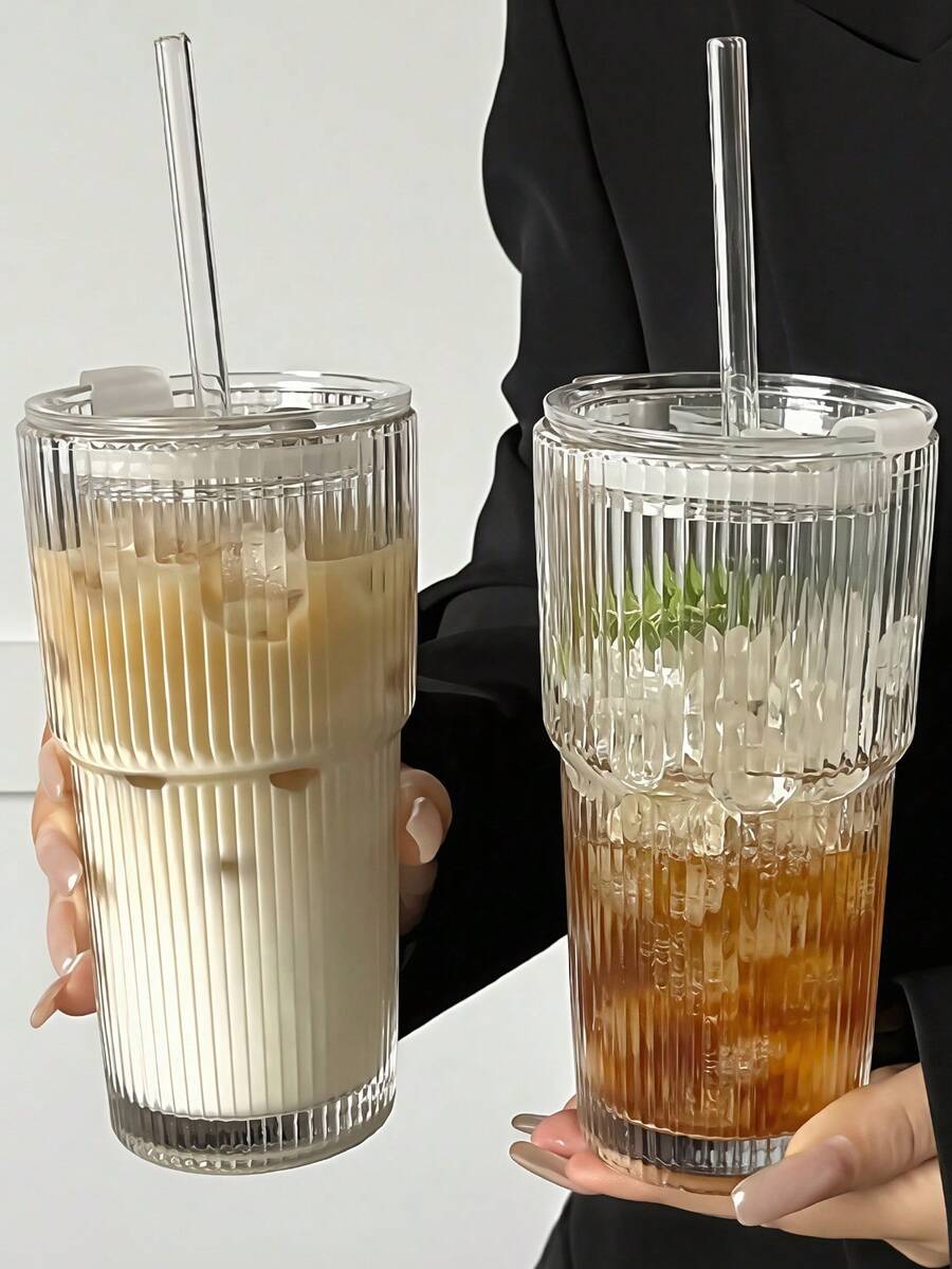 Transparent Glass Cup Striped Coffee Cup With Straw And Lid Simple Style Coffee Cups Large Capacity Glass Water Bottle Portable Outdoor Water Cup For Home Office Parties Autumn Winter Drinkware Home Decor