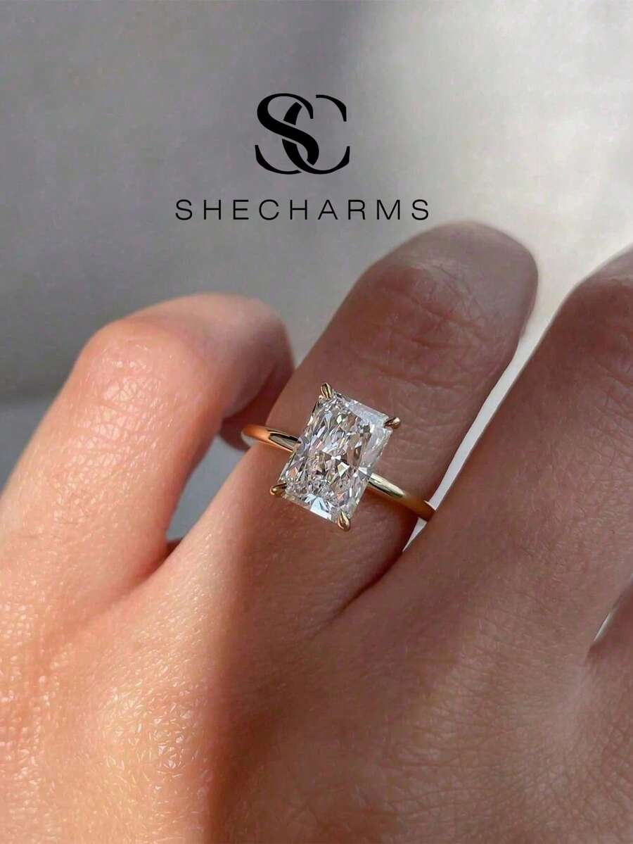 1ct/2ct/5ct 時尚閃亮立方鋯石方形戒指,女士永恆承諾婚禮訂婚戒指,精緻珠寶禮物,適合女性與女孩 - 金色 - 查看 1