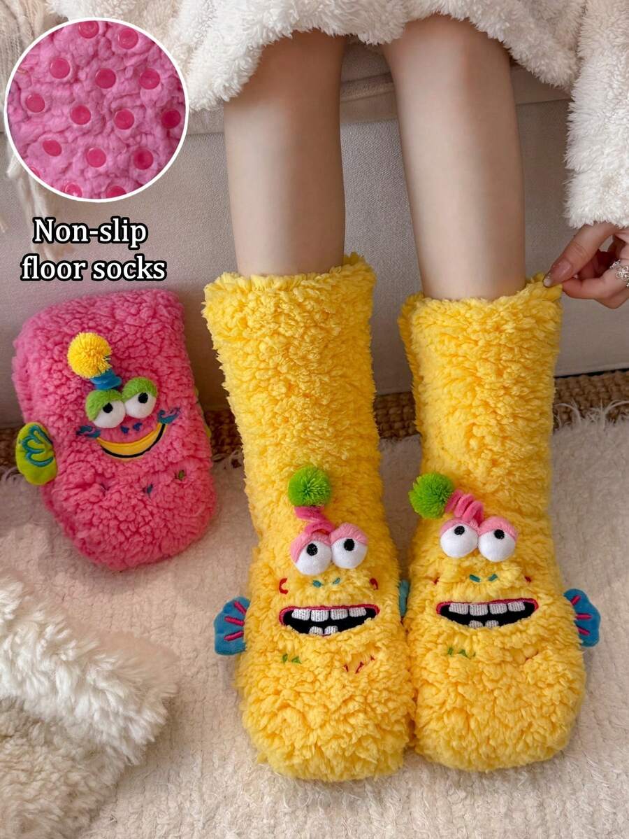 1 Pair Of Women 3D Monster Plush Socks,Ugly‑Cute Pom‑Pom Decor Fuzzy Socks, Non‑Slip Socks. Home Floor Sleep Socks Winter Thick Warm Funny Socks. - Multicolor - View 1