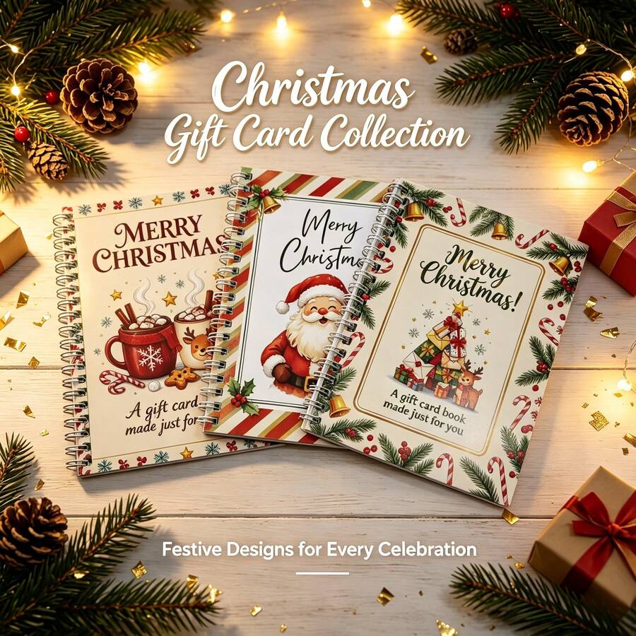 Merry Christmas Gift Card Book, 12 Themed Spiral-Bound Christmas Gift Card Holder, Christmas Theme, Durable Hardcover Xmas Gift Card Organizer Book, DIY Holiday Gift For Family Friend.