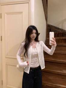 提花蕾絲圓領微透感背心與開襟外套套裝 - 白色套裝 - 查看 6