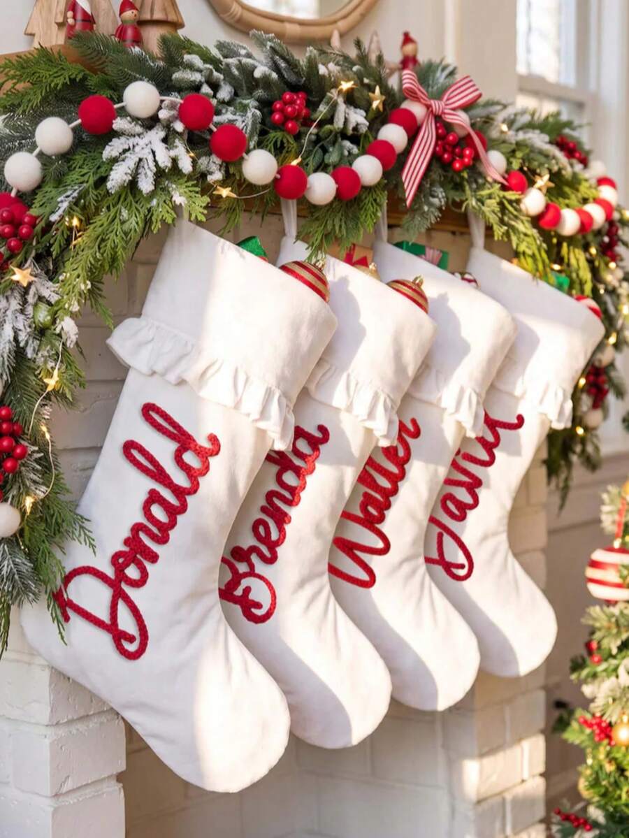 1pc Personalized Velvet Christmas Stocking, Customized Embroidered Name, Christmas Hanging Sock, Home Fireplace Decor, Family Holiday Gift, Festival Decoration, Christmas Gift - Multicolor - View 1
