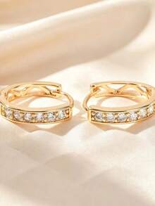1 Pair 18K Fashion Women's Elegant Lightweight Copper Zirconia Earrings, Suitable For Daily Wear, Home, Dating, Gift Giving - Gold - View 4