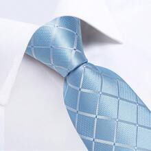 Light Blue & White Plaid Men's Tie 4-Piece Set With Pocket Square, Cufflinks, Silver Tie Clip, Evening Party Accessories - Baby Blue - View 4