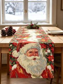 1pc Christmas Table Runner, Santa Claus Red Tablecloth, Seasonal Kitchen Table Decoration, Winter Family Party Banquet Decoration - Redwood - View 1