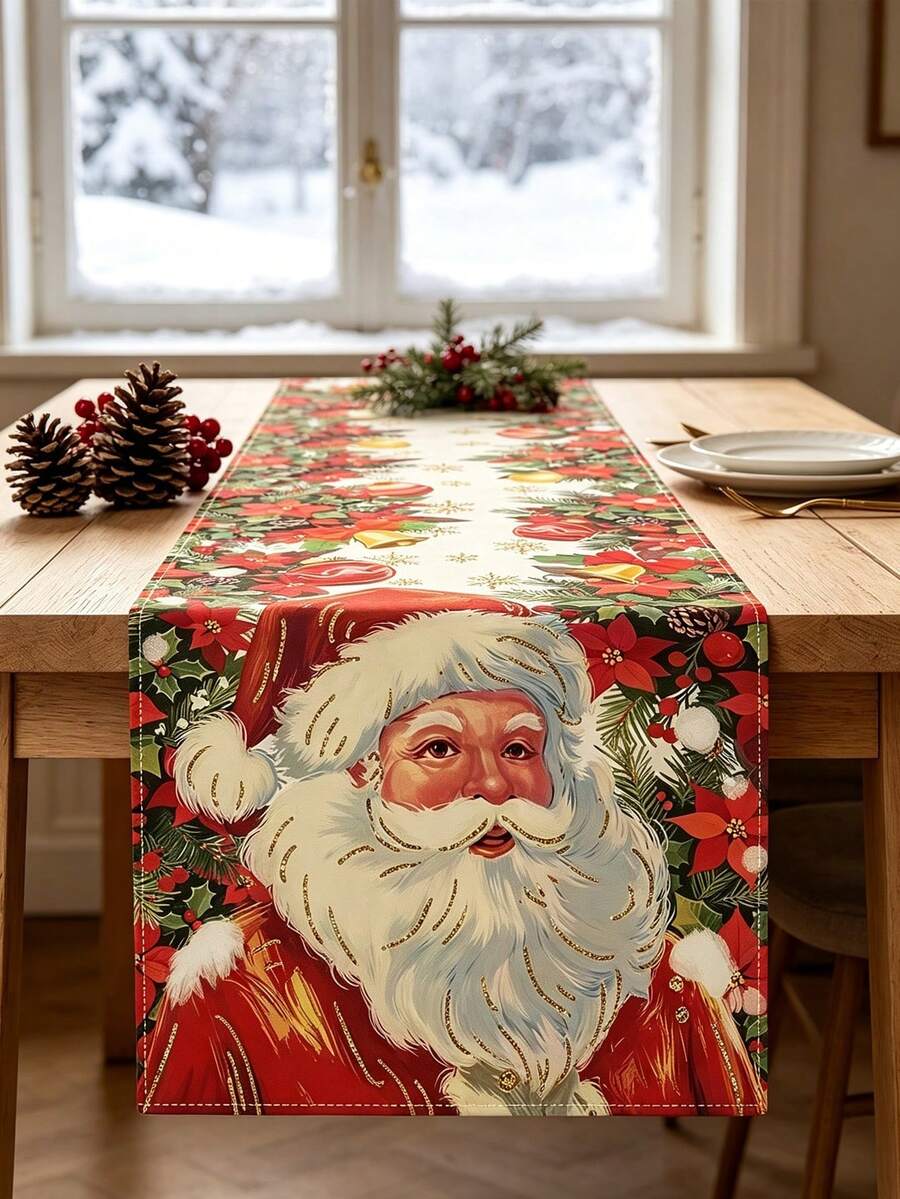 1pc Christmas Table Runner, Santa Claus Red Tablecloth, Seasonal Kitchen Table Decoration, Winter Family Party Banquet Decoration - Redwood - View 1