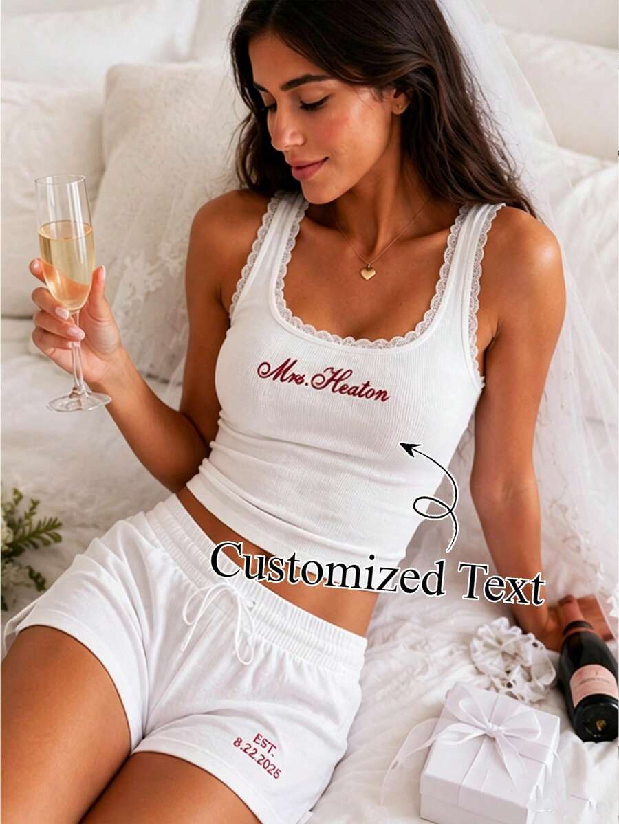 Personalized Embroidered Lace Tank Top, Custom Embroidery Modal Tank Bridal Shower Gift, Engagement Gift Bachelorette Party, New Mrs. Tank - Multicolor - View 1