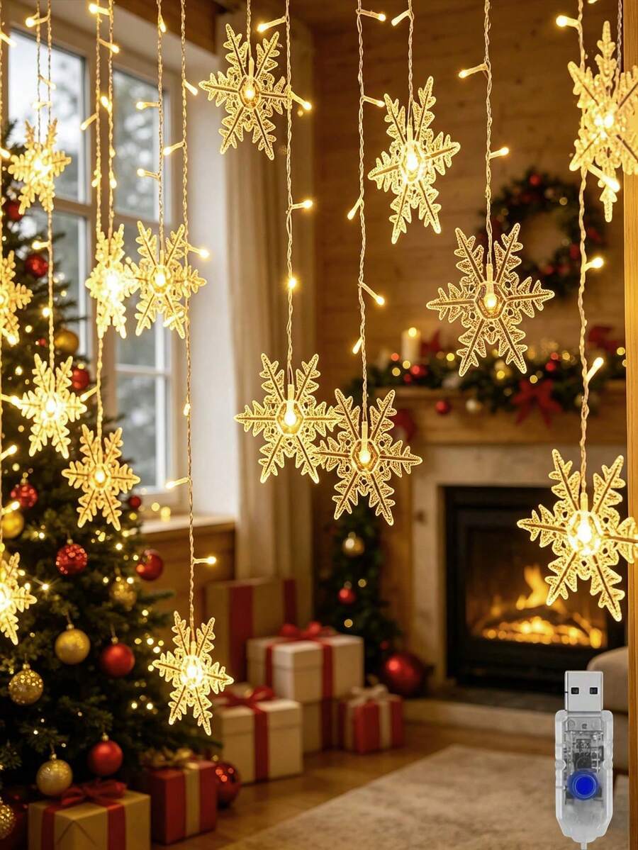 1PC Large Snowflake Icicle String Light, Christmas Curtain LED Fairy Light, 8 Flashing Light Modes, Indoor Decoration, Bedroom, Party, Home Christmas Tree Decoration, Holiday Party, Gift - Snowflake Curtain Lights - View 1