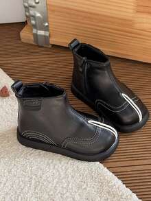 Unisex Kids' Vintage Colorblock Ankle Boots, Autumn/Winter Versatile British Style Side Zipper Fashion Boots - Black - View 2