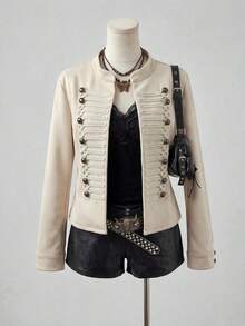 Rusttydustty Women's Apricot Vintage Bohemian Napoleon Jacket, Metal Button Decor, Suitable For Autumn And Halloween Outfits - Apricot - View 1