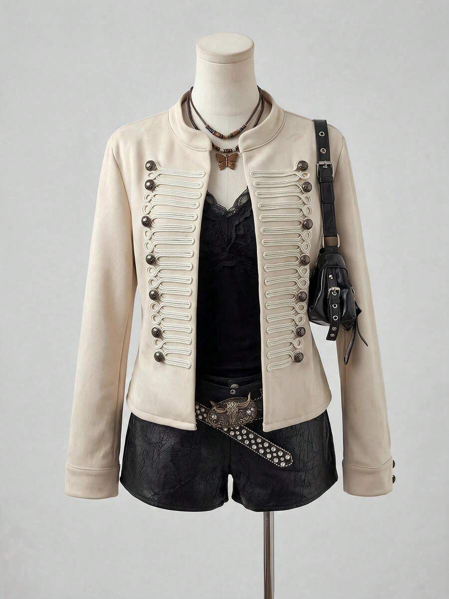 Rusttydustty Women's Apricot Vintage Bohemian Napoleon Jacket, Metal Button Decor, Suitable For Autumn And Halloween Outfits - Apricot - View 1