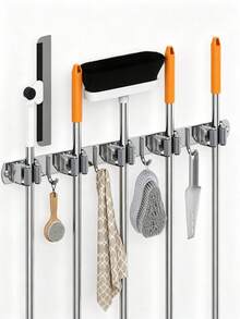 1pc 4-Clip 5-Hook Aluminum Wall-Mounted Bathroom Mop Holder, Broom Rack, Storage Rack, Drill-Free Mop Holder, Suitable For Bathroom And Balcony - Multicolor - View 5