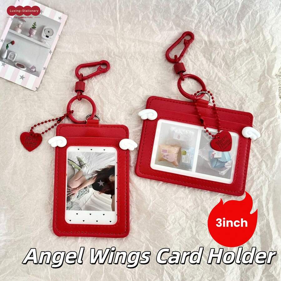 Red Cute Angel Wings Leather Card Holder 3 Inch 2 Slots Korean Style ID Badge Holder Access Card Student Card - A - View 1
