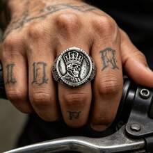 Vintage 1937 Skull Crown Engraved Men's Ring, Distressed Coin Pattern Wide Band, Personalized Hip-Hop Accessory, Halloween Gift - Multicolor - View 2