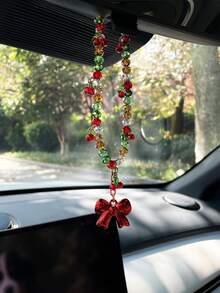 Creative Christmas Bow Car Hanging Ornament, Fashionable Beaded Cherry Car Interior Hanging Decor, Car Interior Hanging Rope, Car Decoration Pendant, Small Gift For Others - A - View 12
