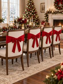 4pcs Chair Back Bow Decor Ribbons, Suitable For Christmas Decoration, Luxury Chair Back Ribbon Bow Design, Holiday Party Restaurant Decor, Suitable For Wedding Banquet, Home Activities - Claret - View 6