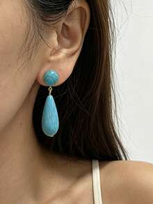 1Pair Fashionable Oval Turquoise Ear Clips, Geometric Personalized Clip On Earrings For Women No Pierced Ears - Turquoise - View 5