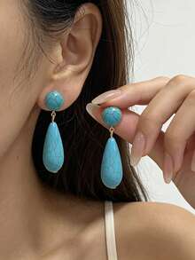 1Pair Fashionable Oval Turquoise Ear Clips, Geometric Personalized Clip On Earrings For Women No Pierced Ears - Turquoise - View 4