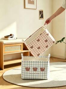 1pc Bear Print Checkered Storage Bin, Sweet Minimalist Style Fabric Rectangular Shape With Carry Handle Detail, Foldable Large Capacity Clothes Sundries Storage Organizer, For Bedroom Home Daily Use All Season Household Decor - Multicolor - View 2