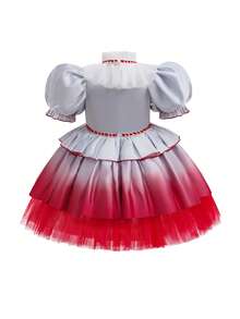 Young Girl Halloween Dress, Puff Short Sleeve Ruffle Collar Red & White Gradient Cake Mesh Skirt, Girls Halloween Party Dress - Multicolor - View 3